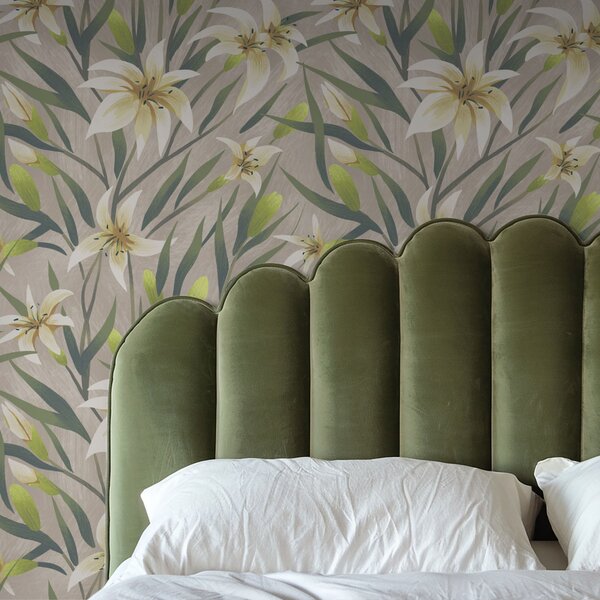 Tapety Kremowe lilie z liśćmi na szaro-beżowym tle, Tapety Z kwiatami, a00837 : Uwalls.pl