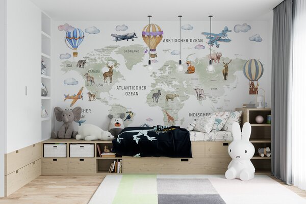Fototapety Mapa dla dzieci w stylu akwareli z motywem zwierząt i balonów na ogrzane powietrze. Język, Fototapety Mapy, c00001de : Uwalls.pl