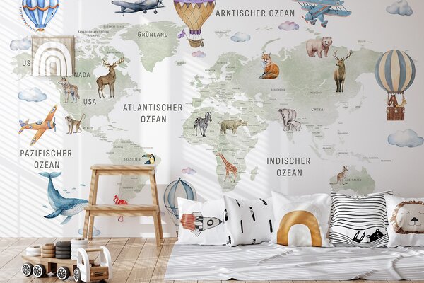 Fototapety Mapa dla dzieci w stylu akwareli z motywem zwierząt i balonów na ogrzane powietrze. Język, Fototapety Mapy, c00001de : Uwalls.pl