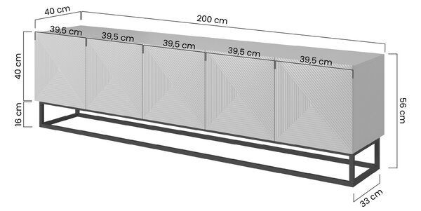 Szafka RTV Asha 200 cm z ryflowanym frontem i metalowym stelażem - artisan / rivier stone mat