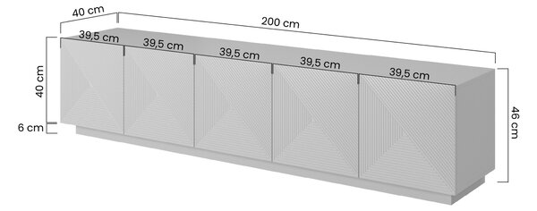 Szafka RTV Asha 200 cm pięciodrzwiowa z ryflowanym frontem - biały mat