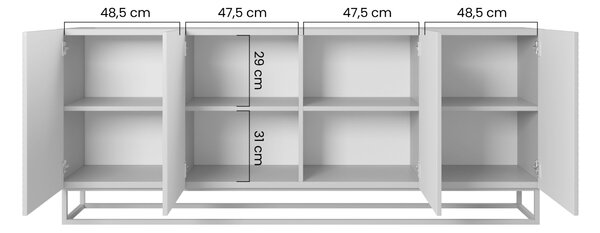 Komoda Asha 200 cm czterodrzwiowa - biały mat / czarny stelaż