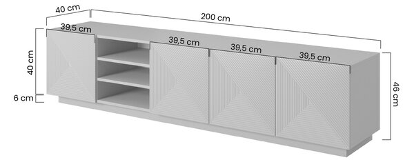 Szafka RTV Asha 200 cm z ryflowanym frontem i wnęką - czarny mat