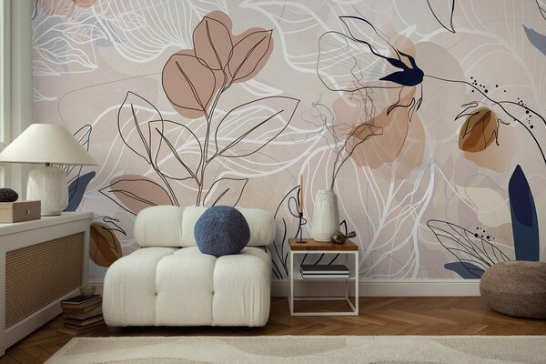 Fototapety Beżowe abstrakcyjne tło z liśćmi i kwiatami, nowoczesne, minimalistyczne, organiczne kształty,, Fototapety Kwiaty, w09487 : Uwalls.pl