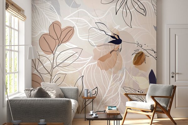 Fototapety Beżowe abstrakcyjne tło z liśćmi i kwiatami, nowoczesne, minimalistyczne, organiczne kształty,, Fototapety Kwiaty, w09487 : Uwalls.pl