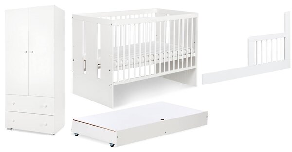 Zestaw białych mebli dziecięcych PAULA szafa, łóżeczko, szuflada, barierka