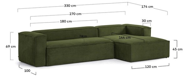 Zielony sztruksowy narożnik (prawostronny/z szezlongiem) Blok – Kave Home