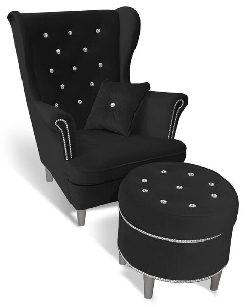 EMWOmeble Fotel z podnóżkiem do salonu Glamour - USZAK 6 z kryształkami