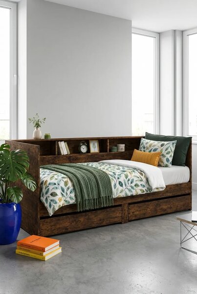 Łóżko z regałem i szufladami 90x200 cm wędzony dąb D1-Z33