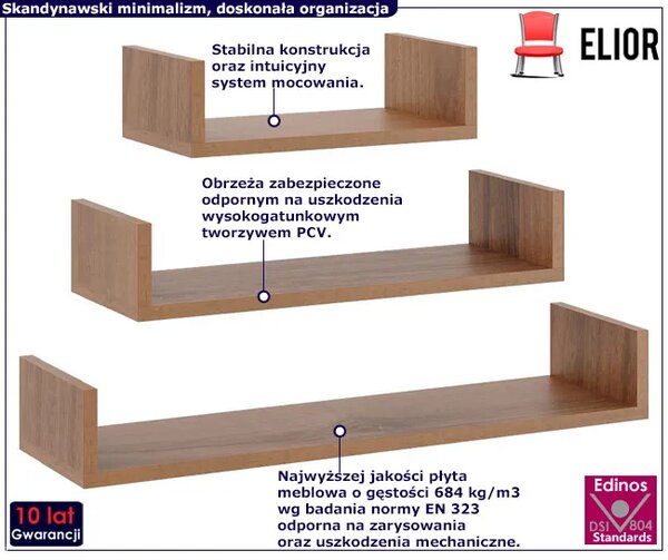 Zestaw 3 półek ściennych w kolorze orzech M4-P34