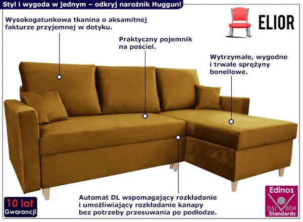 Obustronny narożnik z weluru musztardowy L6-D77