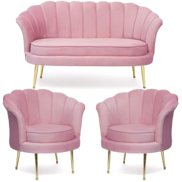 EMWOmeble Zestaw sofa i fotele muszelki ELIF #12 ▪️ Welur różowy