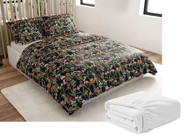Zestaw pościeli z mikropluszu MYSTIC GARDEN ciemnozielona + prześcieradło z mikropluszu SOFT 90x200 cm białe, pojedyncze łóżko