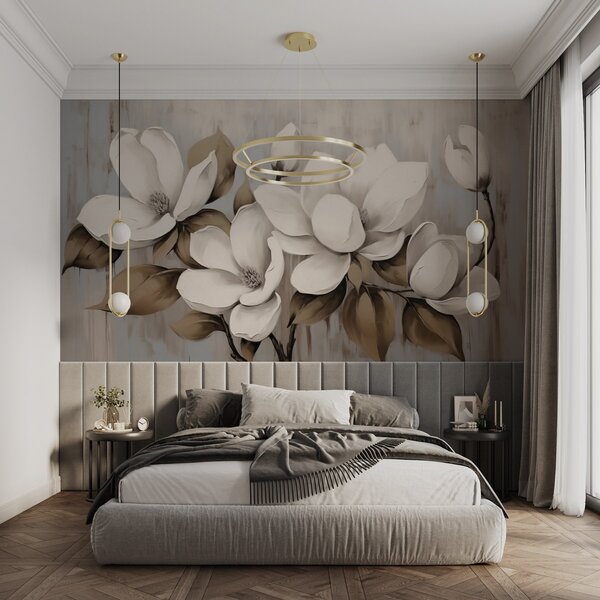 Fototapety Duże kwiaty magnolii z liśćmi w kolorze taupe na szczotkowanym tle, Fototapety Kwiaty, w04785 : Uwalls.pl