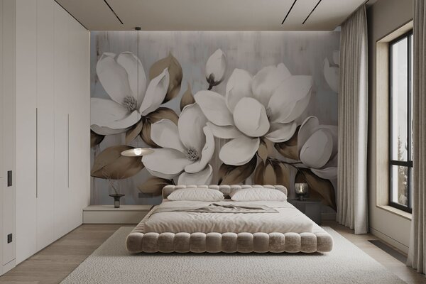 Fototapety Duże kwiaty magnolii z liśćmi w kolorze taupe na szczotkowanym tle, Fototapety Kwiaty, w04785 : Uwalls.pl
