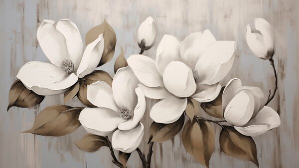Fototapety Duże kwiaty magnolii z liśćmi w kolorze taupe na szczotkowanym tle, Fototapety Kwiaty, w04785 : Uwalls.pl