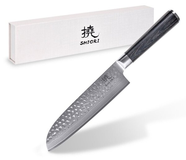 Duży, idealnie wywarzony nóż Shiori 撓 Chairo Santoku stal damasceńska, rękojeść drewno pakka