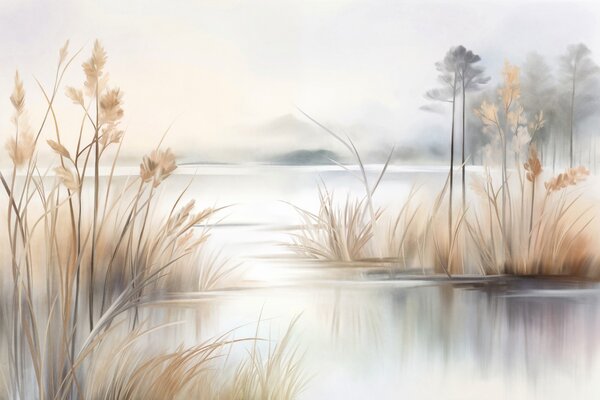 Fototapety Krajobraz z jeziorem i wysoką trawą na pierwszym planie, górami w tle, delikatnymi kolorami, fakturą, Fototapety Natura, w09534 : Uwalls.pl