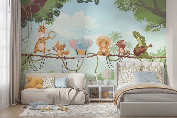 Fototapety Zwierzęta z instrumentami muzycznymi na tle tropikalnego krajobrazu, Fototapety Dziecięce, w04505 : Uwalls.pl