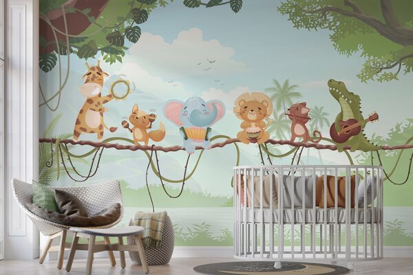 Fototapety Zwierzęta z instrumentami muzycznymi na tle tropikalnego krajobrazu, Fototapety Dziecięce, w04505 : Uwalls.pl