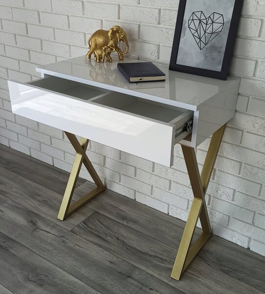 Toaletka / konsola "VOGA" biała połysk 75cm, złoty X