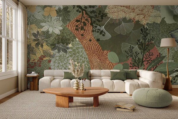 Fototapety Abstrakcyjny kolaż z elementami botanicznymi, liśćmi, kwiatami i organicznymi teksturami w, Fototapety Natura, w09545 : Uwalls.pl
