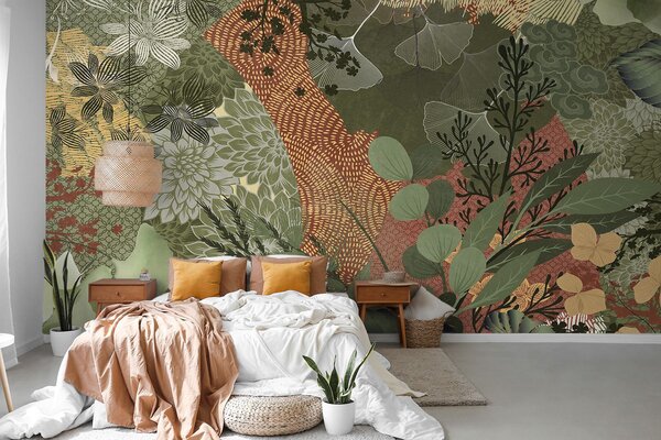 Fototapety Abstrakcyjny kolaż z elementami botanicznymi, liśćmi, kwiatami i organicznymi teksturami w, Fototapety Natura, w09545 : Uwalls.pl