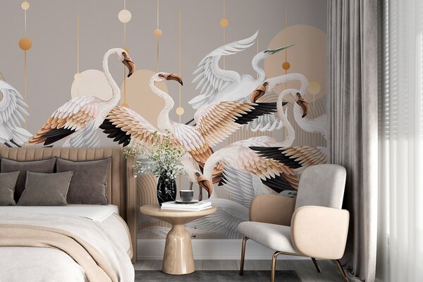 Fototapety Stado białych flamingów o delikatnych skrzydłach na neutralnym tle z żółtymi liniami i okręgami, Fototapety Natura, w09546v1 : Uwalls.pl