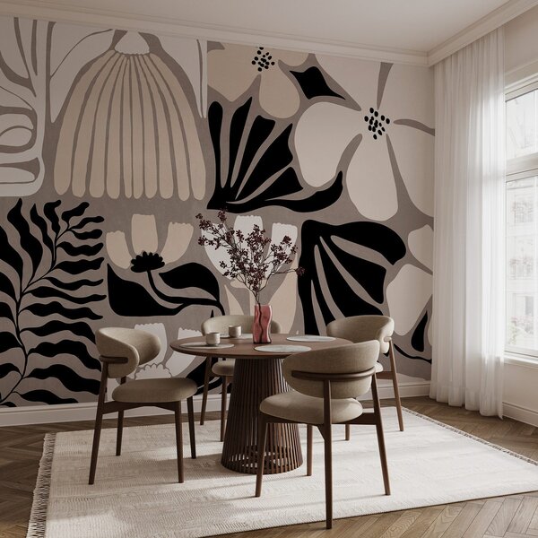 Fototapety Nowoczesne, minimalistyczne stylizowane kwiaty i liście w kolorach beżowym, czarnym i białym, z, Fototapety Kwiaty, w09547 : Uwalls.pl