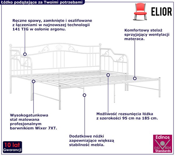 Białe metalowe rozkładane łóżko rustykalne 90x200 cm - Wextis