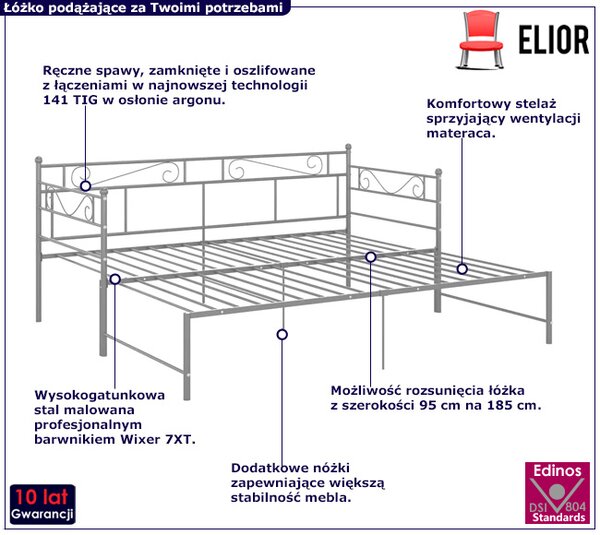 Szare metalowe łóżko rozkładane 90x200 cm M8-T14