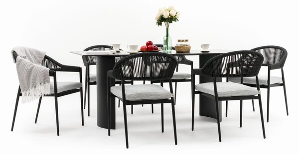 Zestaw mebli ogrodowych BELIZE LUX 6 krzeseł szarych + stół ze spieku CARRARA BLACK nowoczesne