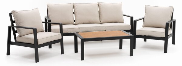 Zestaw mebli ogrodowych aluminiowy ATOL 5 - beżowy z blatem w odcieniu drewna tekowego