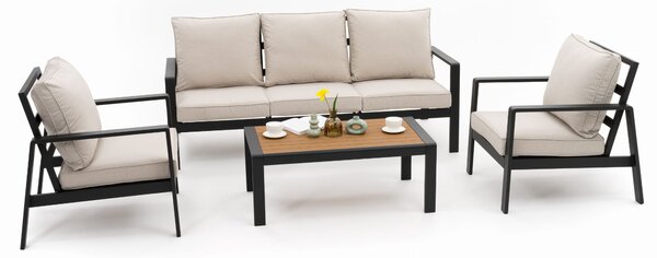 Zestaw mebli ogrodowych aluminiowy ATOL 5 - beżowy z blatem w odcieniu drewna tekowego
