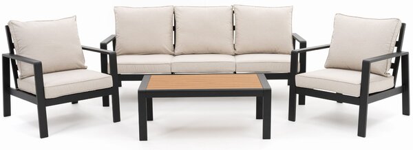 Zestaw mebli ogrodowych aluminiowy ATOL 5 - beżowy z blatem w odcieniu drewna tekowego