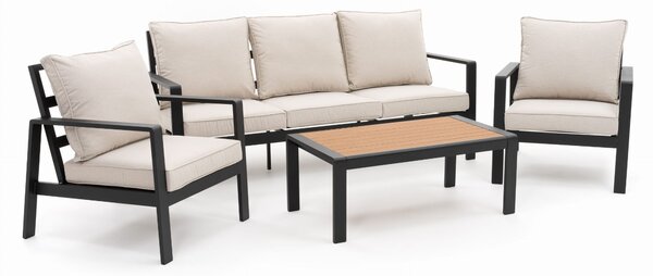 Zestaw mebli ogrodowych aluminiowy ATOL 5 - beżowy z blatem w odcieniu drewna tekowego