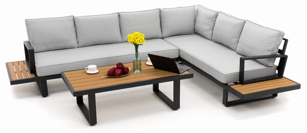 Zestaw mebli ogrodowych premium ATOL szary duży narożnik aluminiowy ze stolikiem z blatem z drewna tekowego