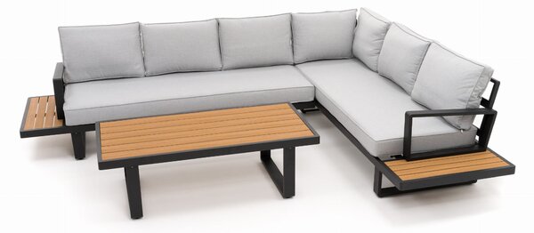 Zestaw mebli ogrodowych premium ATOL szary duży narożnik aluminiowy ze stolikiem z blatem z drewna tekowego