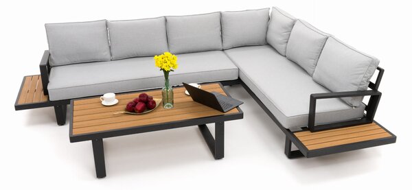 Zestaw mebli ogrodowych premium ATOL szary duży narożnik aluminiowy ze stolikiem z blatem z drewna tekowego