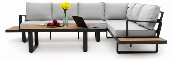 Zestaw mebli ogrodowych premium ATOL szary duży narożnik aluminiowy ze stolikiem z blatem z drewna tekowego