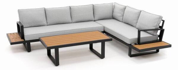 Zestaw mebli ogrodowych premium ATOL szary duży narożnik aluminiowy ze stolikiem z blatem z drewna tekowego