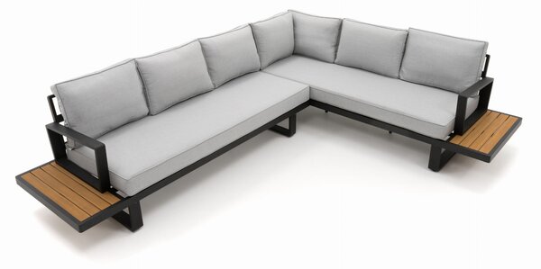 Zestaw mebli ogrodowych premium ATOL szary duży narożnik aluminiowy ze stolikiem z blatem z drewna tekowego