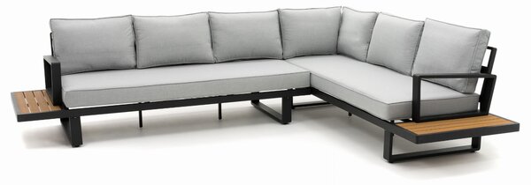 Zestaw mebli ogrodowych premium ATOL szary duży narożnik aluminiowy ze stolikiem z blatem z drewna tekowego