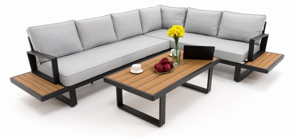 Zestaw mebli ogrodowych premium ATOL szary duży narożnik aluminiowy ze stolikiem z blatem z drewna tekowego