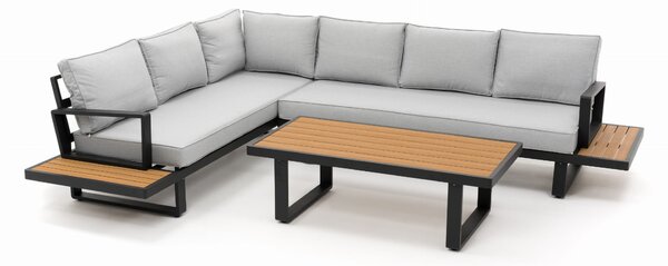 Zestaw mebli ogrodowych premium ATOL szary duży prawy narożnik aluminiowy ze stolikiem z blatem z drewna tekowego