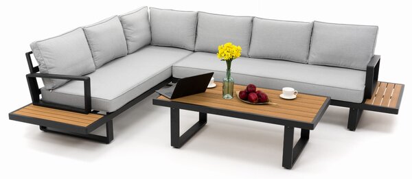 Zestaw mebli ogrodowych premium ATOL szary duży prawy narożnik aluminiowy ze stolikiem z blatem z drewna tekowego