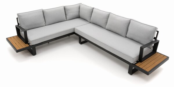 Zestaw mebli ogrodowych premium ATOL szary duży prawy narożnik aluminiowy ze stolikiem z blatem z drewna tekowego