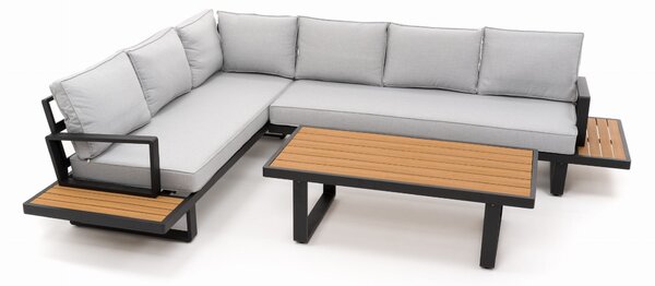 Zestaw mebli ogrodowych premium ATOL szary duży prawy narożnik aluminiowy ze stolikiem z blatem z drewna tekowego
