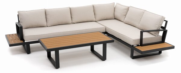 Zestaw mebli ogrodowych premium ATOL beżowy duży lewy narożnik aluminiowy ze stolikiem z blatem z drewna tekowego