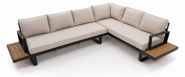 Zestaw mebli ogrodowych premium ATOL beżowy duży lewy narożnik aluminiowy ze stolikiem z blatem z drewna tekowego